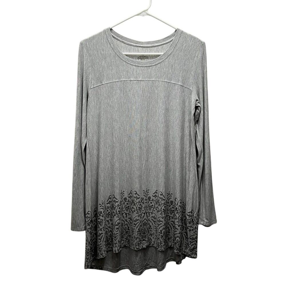 Soma | Gray Soft Jersey Long Sleeve Yolk Tunic Heather Frost Border Small